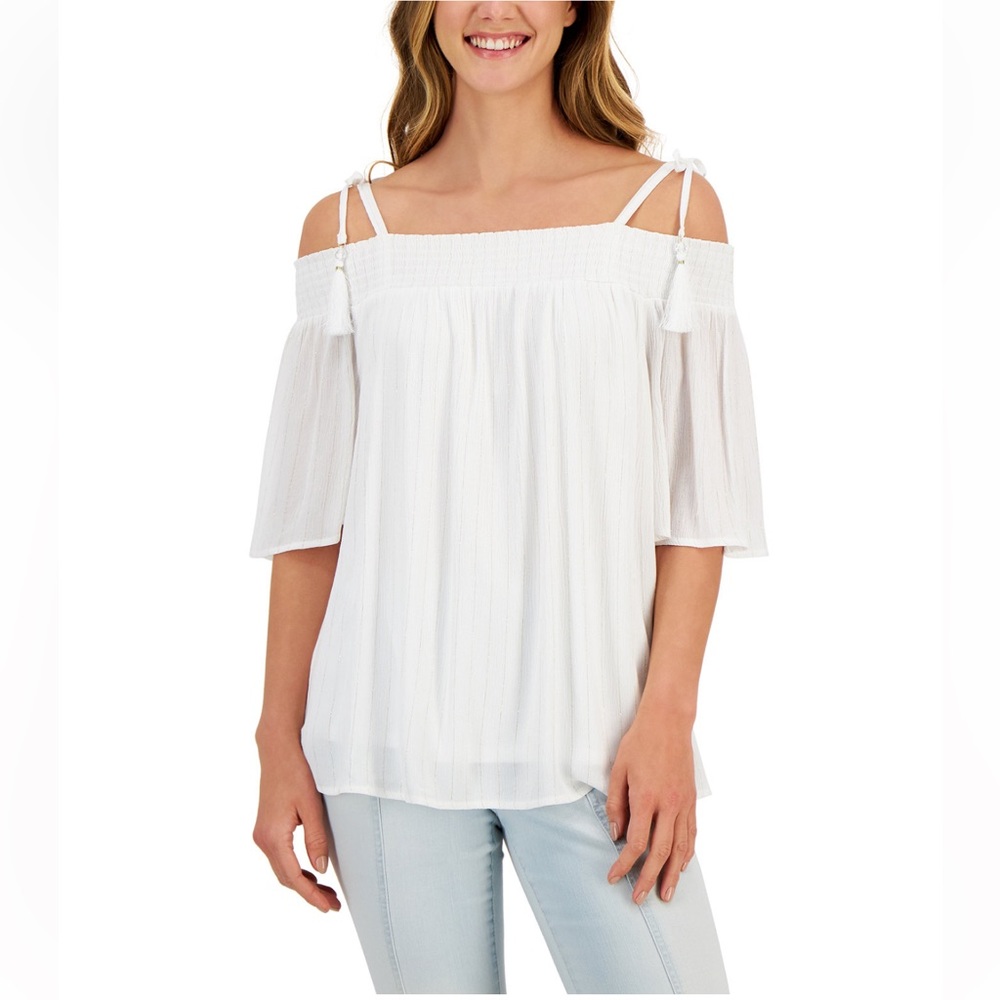 JM Collection Petite Tie-Shoulder Tassel Top